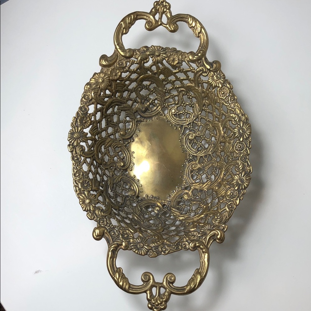 Vintage Brass Ornate Victorian Basket Tray Dish Floral Filigree Design